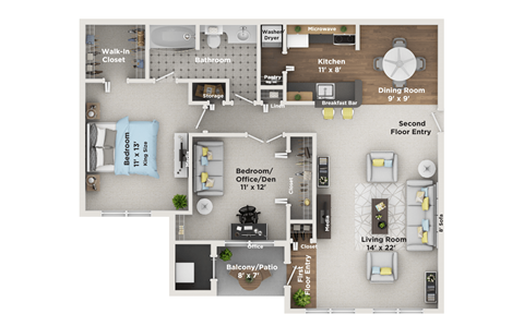 A floor plan of a house showing a living room, dining room, kitchen, and bathroom.